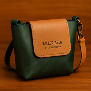 Bandolera de cuero artesanal verde 22×15 cm con solapa beige, cierre magnético y correas con herrajes de bronce envejecido.