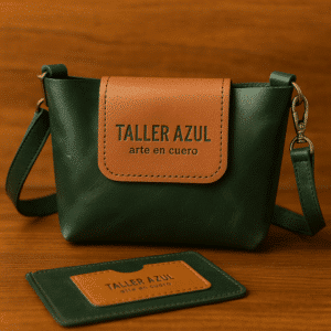 Bandolera de cuero artesanal verde 22×15 cm con solapa beige, cierre magnético y correas con herrajes de bronce envejecido