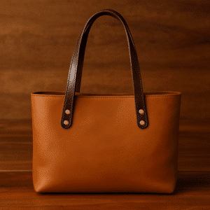“Cartera tote de cuero artesanal hecha a mano, color cognac, con correas de cuero natural y herrajes de bronce envejecido. Incluye bolsillo interior y accesorio porta llaves. Fondo de madera cálida que resalta la textura del cuero.”
