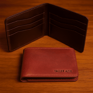 Billetera de cuero artesanal para hombre hecha a mano en Chile, variados colores ,con múltiples compartimentos para tarjetas y billetes.